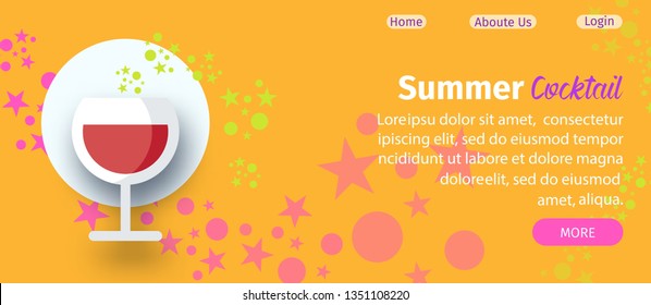 Summer Cocktail Party Website Flat Vector Template. Lettering with Text Space. Alcohol Beverages, Drinks. Night Club, Bistro, Cafeteria Landing Page. Wine Glass, Appetizer. Web Page Banner