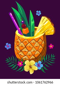 Summer cocktail in pineapple with tropical flowers. Vector illustration