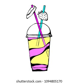 Summer cocktail in a plastic cup. Vector illustration in sketch style
