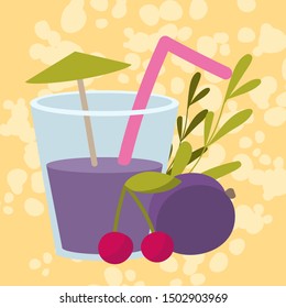 Summer cocktail with plum juice, an umbrella, a straw, cherry and plum on a festive background.