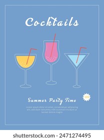 summer cocktail poster. Cocktail glass with ice. Classic summer alcohol drinks illustration. Minimal flyer with alcoholic beverages. Vector bright illustration. Wall decoration, prints, poster, banner