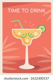Summer cocktail poster. Glass of summer refreshing drink with ice and lime slices on the background with tropical leaves. Poster with alcoholic beverage. Vector illustration.