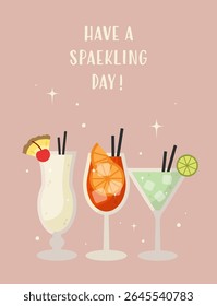 Summer cocktail poster with vibrant tropical drinks. Modern flat illustrations of refreshing beverages with fruits and sparkles. Perfect for party decor or bar menu design