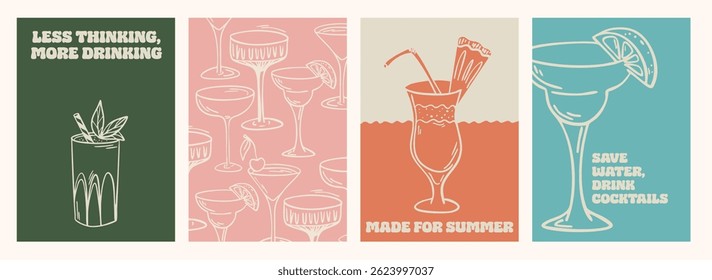 Summer cocktail posters set in minimalist retro style