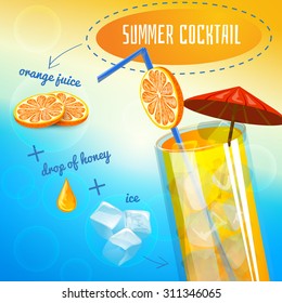 Summer cocktail recipe with orange juice drop of honey and ice cartoon vector illustration 