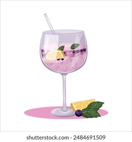 Summer cocktail. Refreshing drink with lemons, blueberries and mint in a glass. Beach holidays, summer vacation, party, cafe-bar. Isolated vector illustration