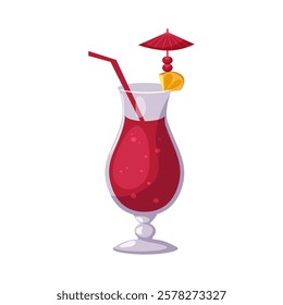 Summer cocktail. Refreshing drink with straw, umbrella, cherry and yellow fruit in a glass. Beach holidays, summer vacation, party, cafe, bar. Alcoholic cocktail. Isolated vector illustration