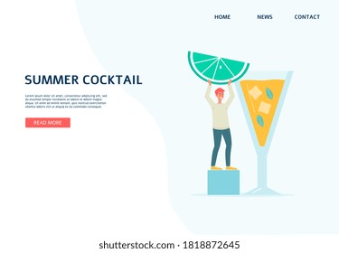 Summer cocktail and refreshment beverage website banner with tiny man cartoon character, flat vector illustration. Summer juice drinks and alcoholic cocktails making.