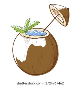 Summer cocktail, sap, water, wine or tuba with ice cubes inside coconut garnished by greenery, umbrella. Tropic beverage, drink, juice in palm tree fruit. Coconut cocktail vector isolated on white.