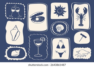 Coquetel de verão e vetor de frutos do mar definir elementos de design desenhados à mão com vinho, ostra, biquíni, sol e lagosta em quadros artísticos para praia e design de férias.