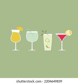 Summer Cocktail set. Classical drinks in glasses with bar drinks. Cocktails and Mocktails collection. Alcoholic and non-alcoholic summer drinks with mojito, wineglass, mimosa, prosecco, sangria, juice