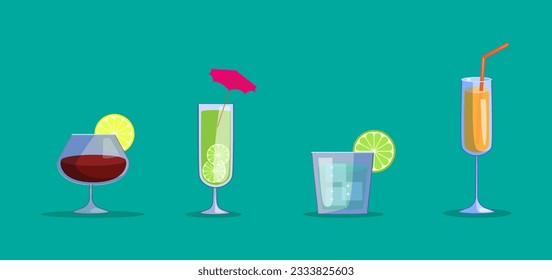 Summer Cocktail set. Classical drinks in glasses with bar drinks. Cocktails and Mocktails collection. Alcoholic and non-alcoholic summer drinks with mojito, wineglass, mimosa, prosecco, sangria, juice