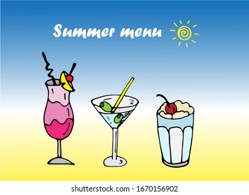 Summer cocktail set on background of sea, sunny beach - vacation scene.  Colored hand drawn stock vector illustration, simple sketch. Black outline silhouette on summer background.