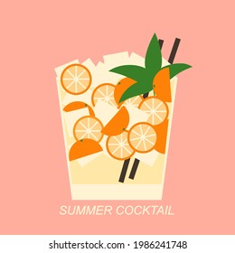 Summer cocktail in short glass with orange, mint and straws. Refreshing tropical beverage in flat style. Bar summer menu cover. Colorful vector illustration of summer soft drink with ice and fruits 