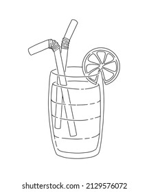 Summer cocktail with straw, lime or lemon. Contour drawing of drinks on a white background. Illustrations for menus, coloring books and postcards. Vector, eps 10