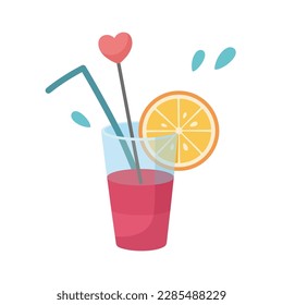 Summer cocktail with straw and orange slice. Cute hand drawn illustration. Vector illustration isolated on white background. Summer design.
