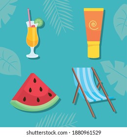 Summer cocktail suncream watermelon and chair design, vacation and tropical theme Vector illustration