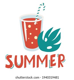 Summer cocktail with tube and a palm leaf. Lettering the word summer. Cute summer poster. Cocktail icon. Cocktail glass with drink icons for menu, web and graphic design. Cartoon Flat Illustration