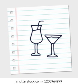 The summer cocktail vector sketch glass icon in doodle style with a paper background. vector illustration
