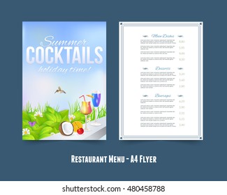 Summer Cocktails, A4 Style Restaurant Menu Vector Design