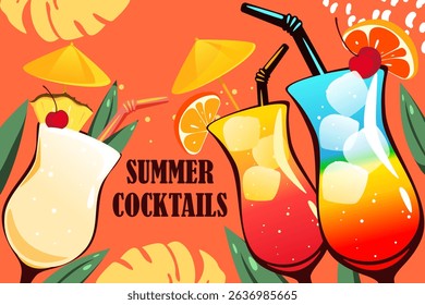 Summer cocktails background. Summer refreshing drinks, pina colada, rainbow cocktail, sex on the beach. Vector illustration.