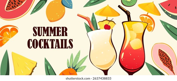 Summer cocktails background. Summer refreshing drinks and fruits. Vector illustration.