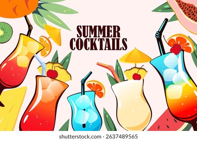 Summer cocktails background. Summer refreshing drinks and fruits. Vector illustration.