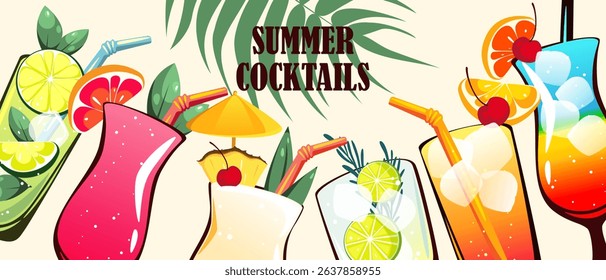 Summer cocktails background. Summer refreshing drinks. Vector illustration