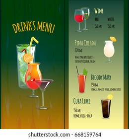 Summer cocktails bar menu template with drink glasses vector illustration