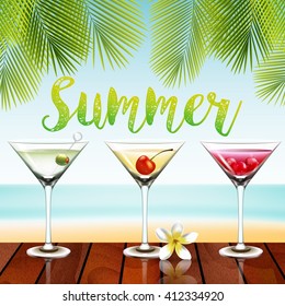 Summer cocktails with cherry fruit on wooden table.vector