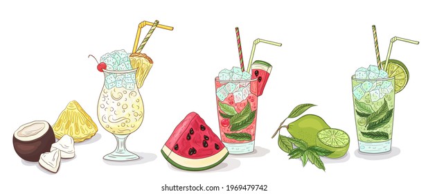 Summer cocktails. Cocktail Tropical fruit collection. Freshness drinks set. Watermelon, coconut, pineapple, lime, mint. Summer cocktails party, pina colada, mojito, watermelon juice. Cocktail vector.