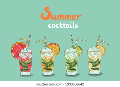 Summer Cocktails Collection. Fresh Drinks Set. Lemon, Orange, Peppermint, Ice, Grapefruit, Lime. Tasty Juicy  Isolated Vector Drinks.