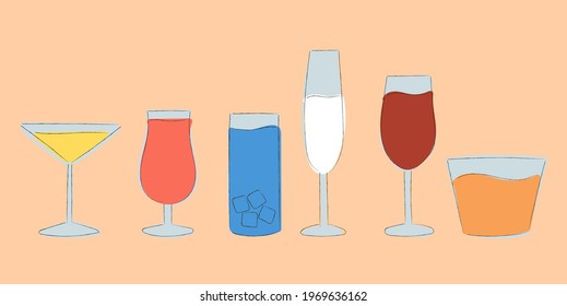 Summer cocktails collection. Hand drawn contour illustration. Cocktails set on pink background