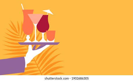 Summer cocktails concept. Waiters hand holds tray with different types of tropical cocktails. Palm leaf on the background. Vector illustration. 
