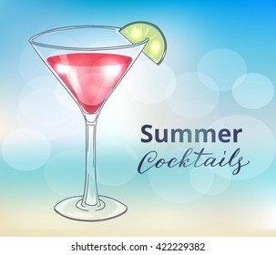 Summer cocktails design concept. Hand drawn cocktail in martini glass with lime on a blurred background. Eps10 vector illustration.