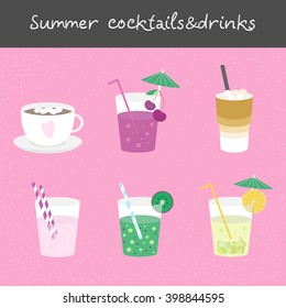 Summer cocktails and drinks icons. Vector stock illustration. Flat design