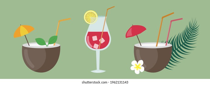 Summer cocktails and drinks vector illustration. Coconut cocktail icons in flat style. 
