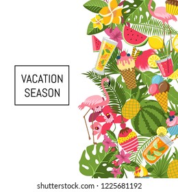 Summer cocktails, flamingo, palm leaves background with