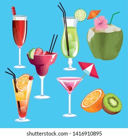 Summer cocktails and fruits set of icons vector illustration graphic design
