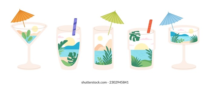 Summer in cocktails glass. Natural cocktail, vacation in margarita glasses. Abstract beach bar elements, creative graphic vacation racy vector design