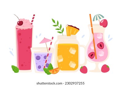 Summer cocktails in glasses with fruits and berries. Beach bar, cafe or nightclub drinks. Sweet alcohol drink, vector cocktail set