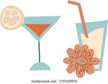 Summer cocktails with lemon and flower, vector illustrations