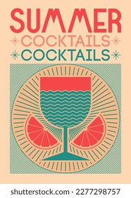 Summer Cocktails Menu poster. Graphic linear geometric pattern stylized emblem, sign, badge design in circle. Glass and citrus slices. Vector illustration.