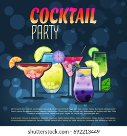 Summer cocktails party banner invitation flyer card poster with alcohol drinks in glasses  template vector illustration on a dark blue background