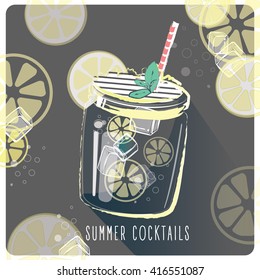 summer cocktails poster. Cocktail bar retro. Vector poster templates collection for summer party, bar or restaurant. Cocktail lounge vintage background drawings. Drink and food theme.
