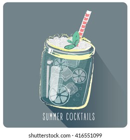 summer cocktails poster. Cocktail bar retro. Vector poster templates collection for summer party, bar or restaurant. Cocktail lounge vintage background drawings. Drink and food theme.