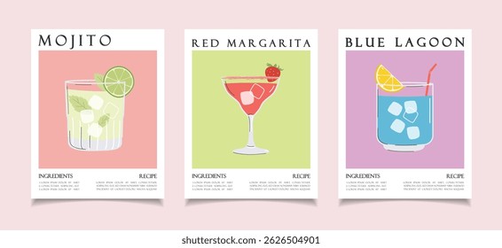 Summer cocktails posters collection. Alcoholic drink recipe concept wall art. Trendy prints