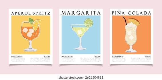 Summer cocktails posters collection. Alcoholic drink recipe concept wall art. Trendy prints set