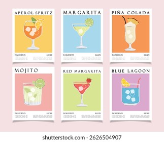 Summer cocktails posters set, cartoon flat. Alcoholic drink recipe concept wall art. Trendy prints