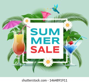 Summer cocktails sale vector banner template. Summertime refreshing beverages discount offer. Trendy inscription in square frame with palm, monstera leaves, exotic hummingbirds social media post